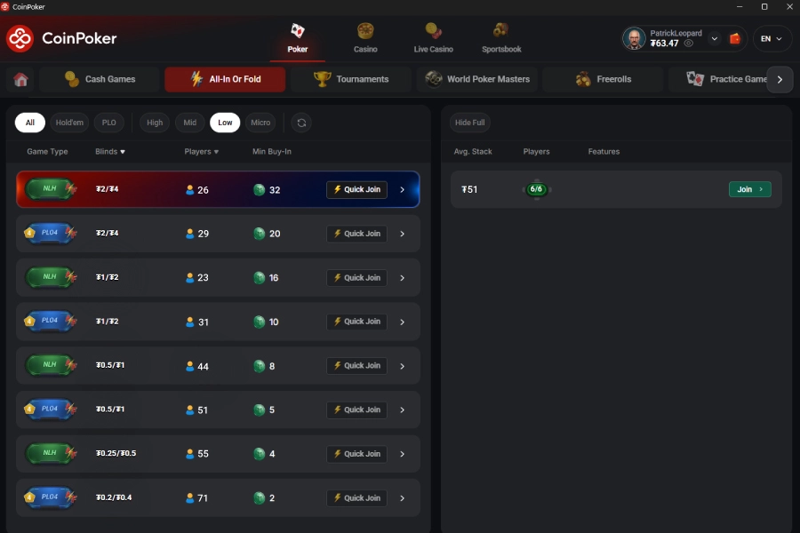 CoinPoker 桌面列表预览